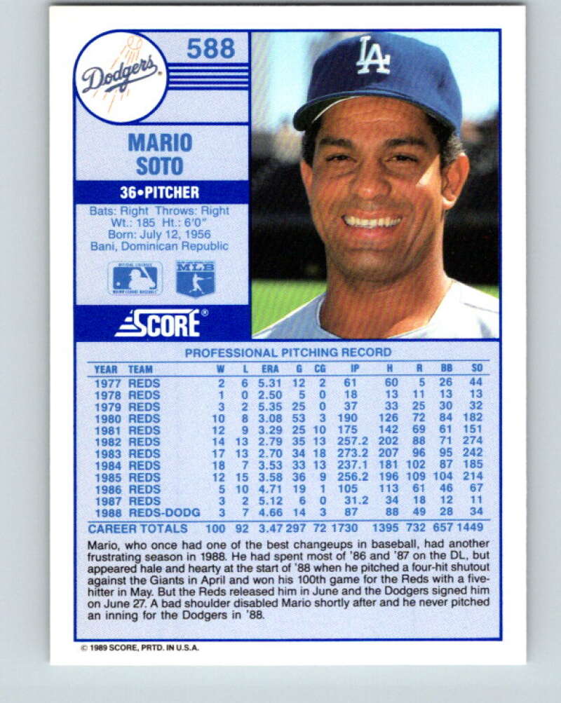 1989 Score #588 Mario Soto Mint Los Angeles Dodgers