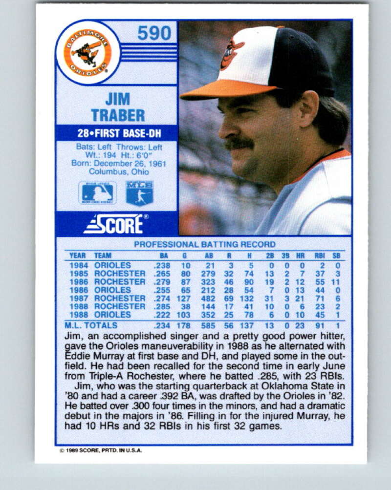 1989 Score #590 Jim Traber Mint Baltimore Orioles