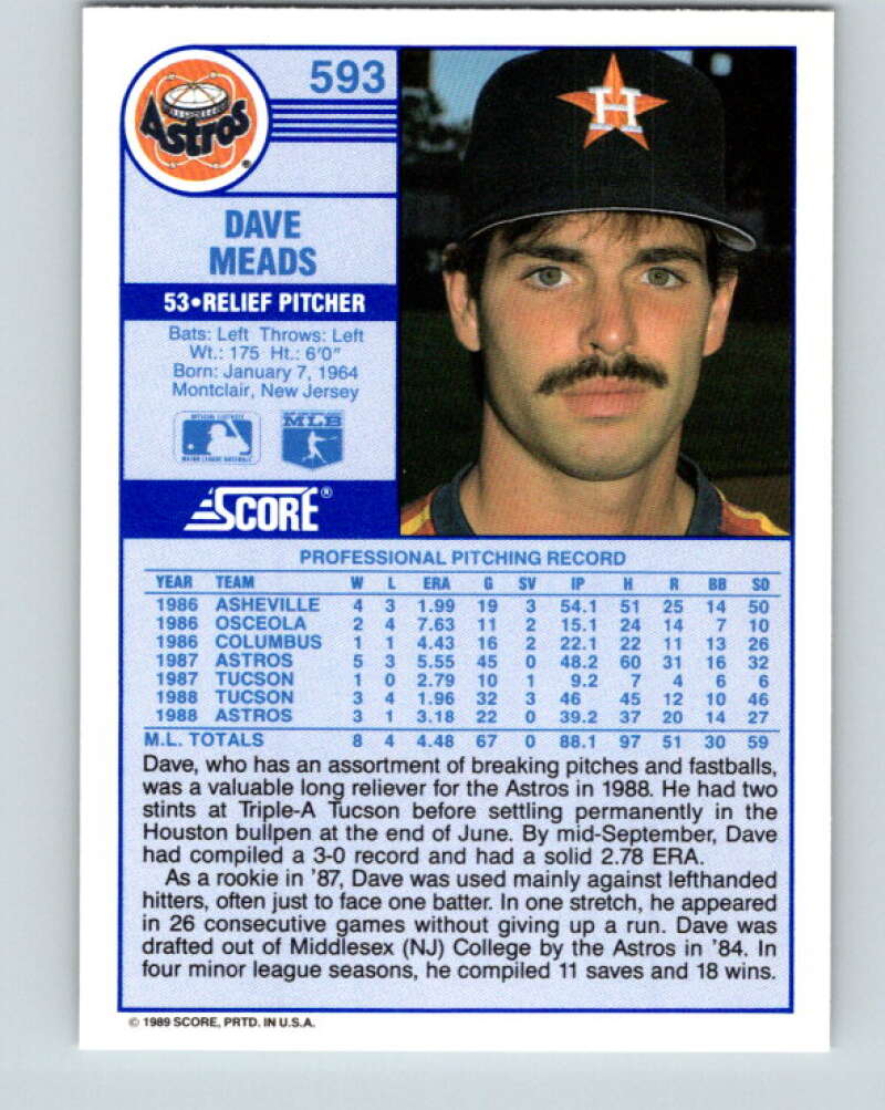 1989 Score #593 Dave Meads Mint Houston Astros