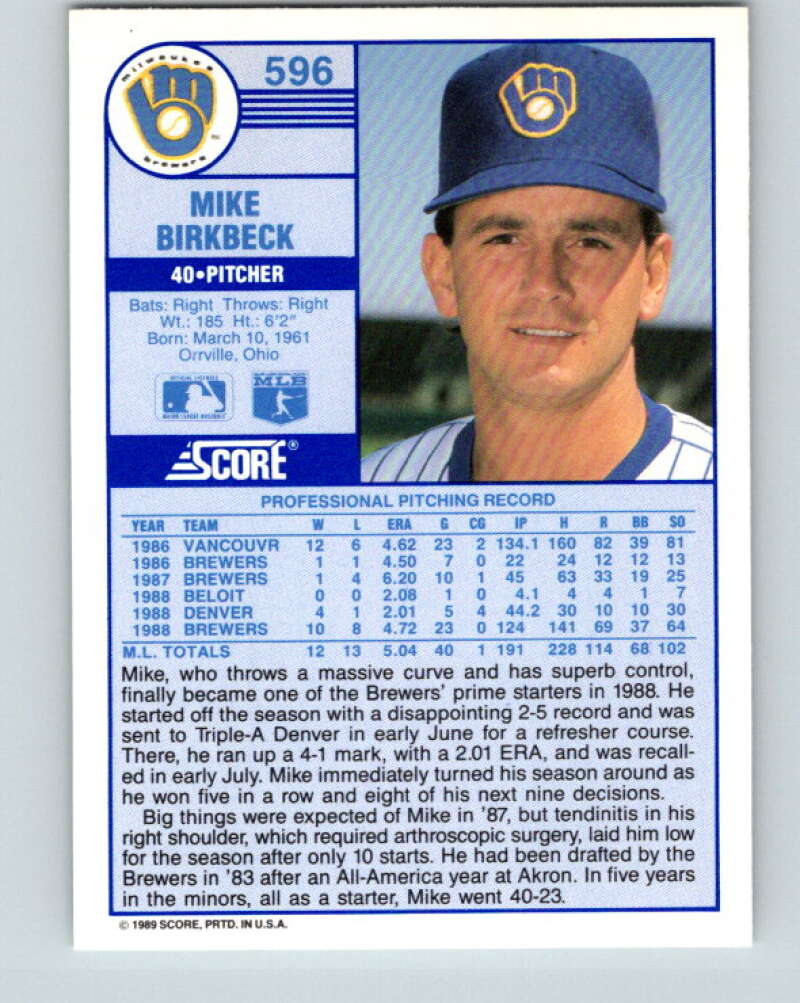 1989 Score #596 Mike Birkbeck Mint Milwaukee Brewers