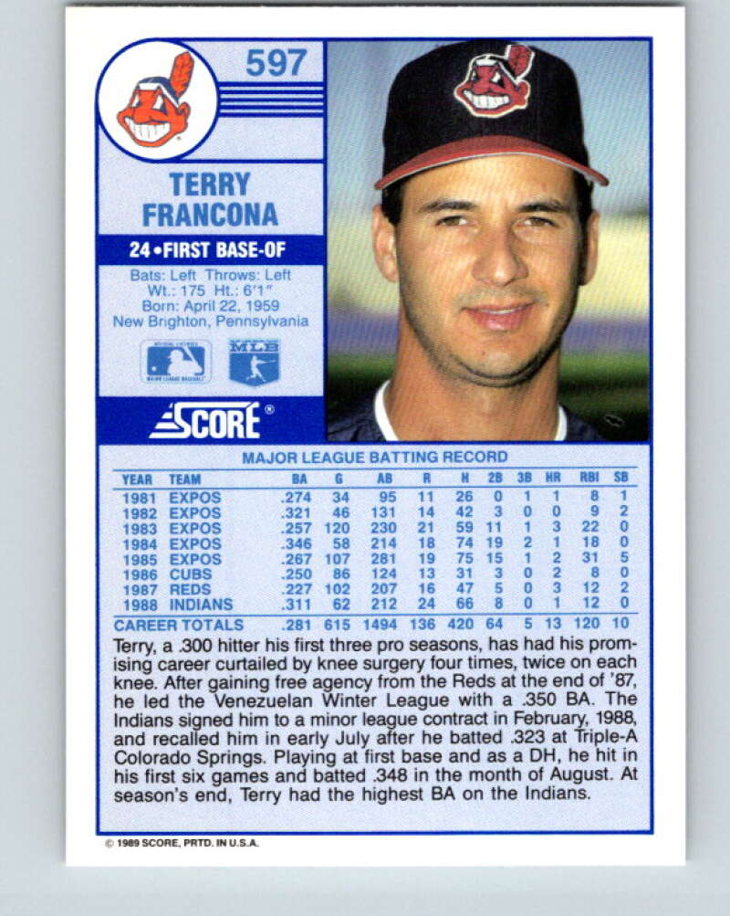 1989 Score #597 Terry Francona Mint Cleveland Indians