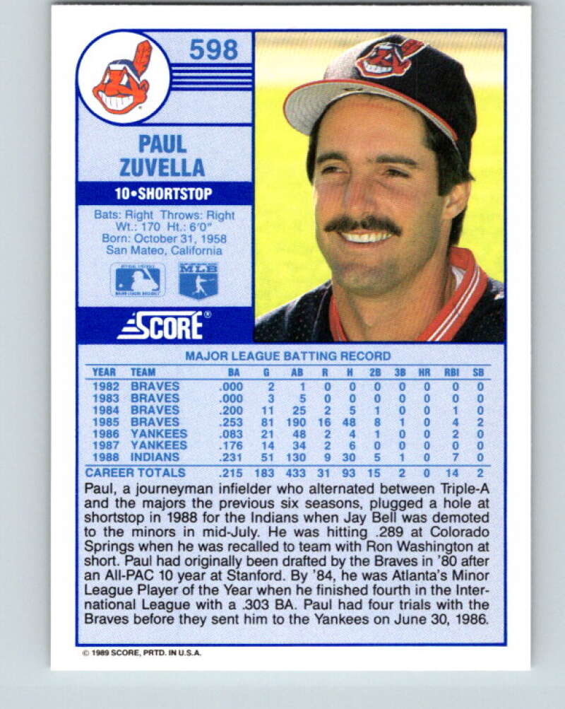 1989 Score #598 Paul Zuvella Mint Cleveland Indians