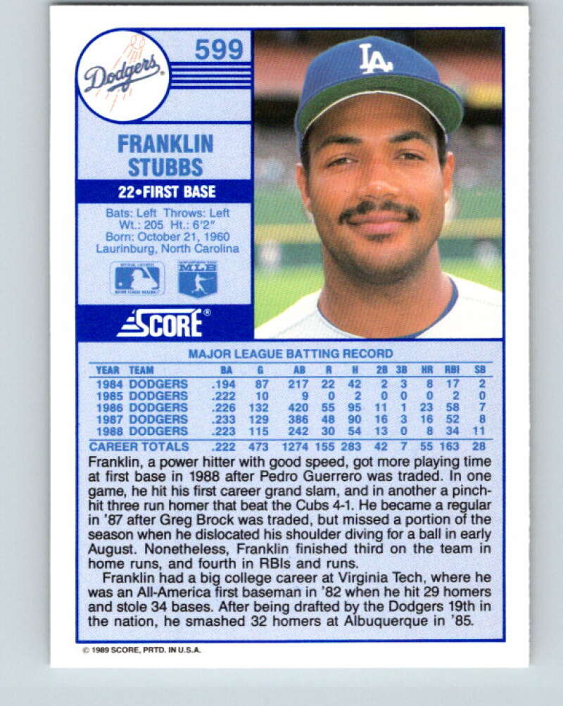 1989 Score #599 Franklin Stubbs Mint Los Angeles Dodgers