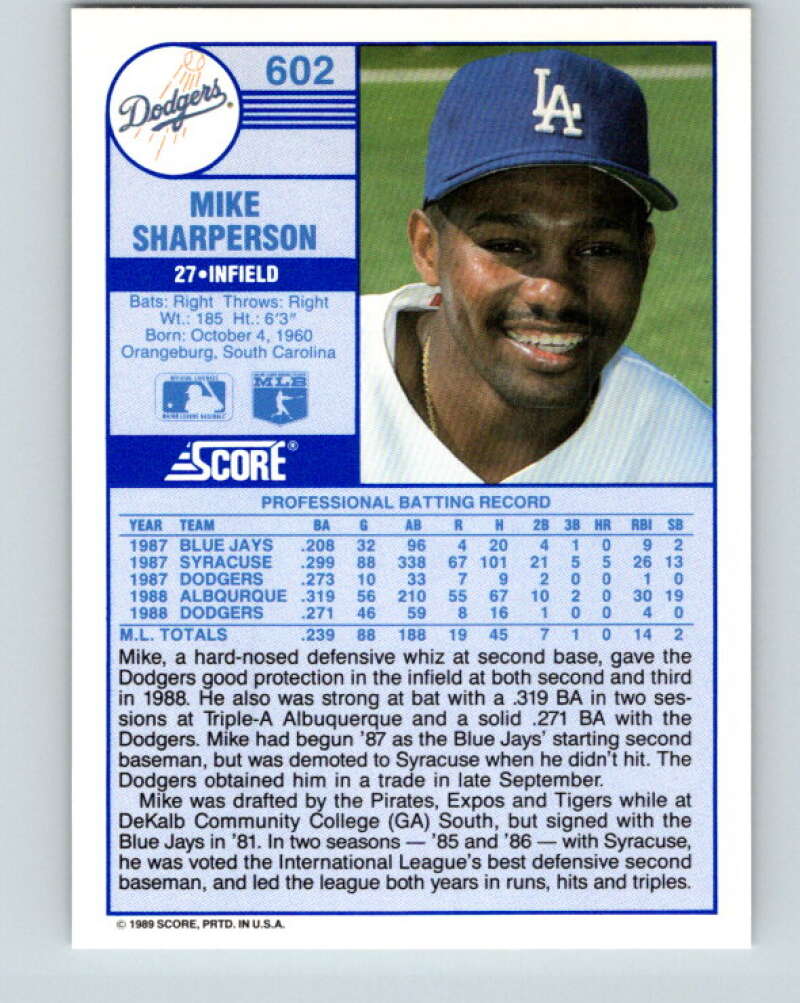 1989 Score #602 Mike Sharperson Mint Los Angeles Dodgers