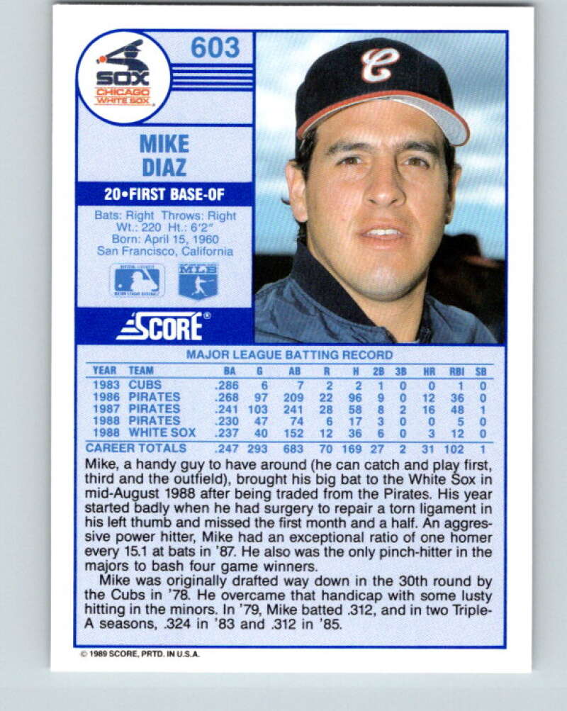 1989 Score #603 Mike Diaz Mint Chicago White Sox