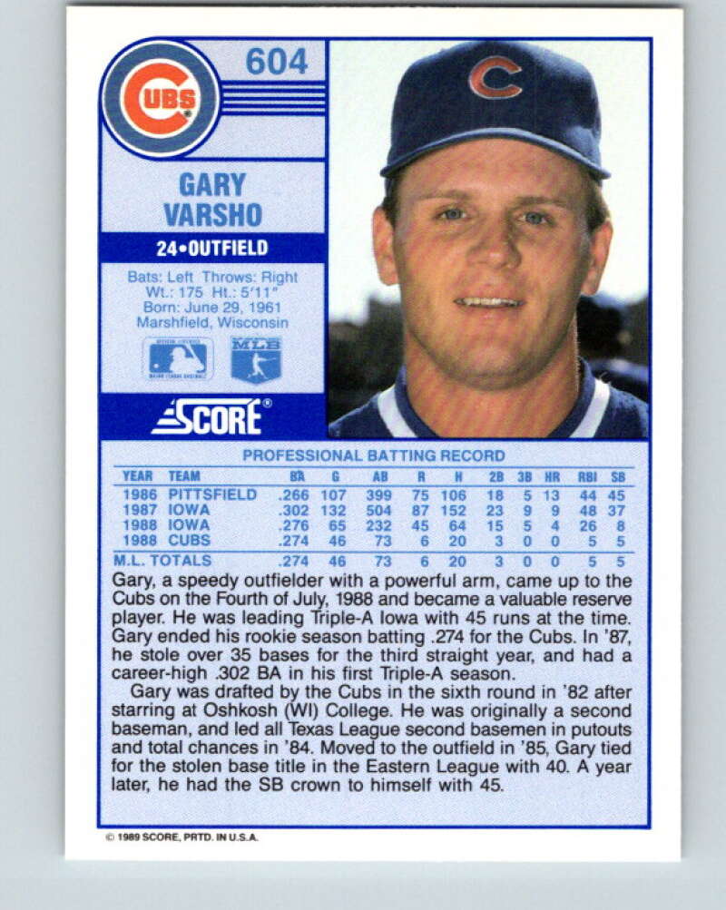 1989 Score #604 Gary Varsho Mint Chicago Cubs