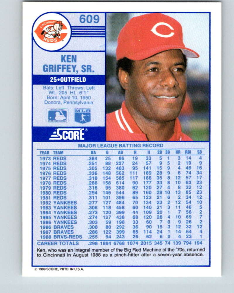 1989 Score #609 Ken Griffey Sr. Mint Cincinnati Reds