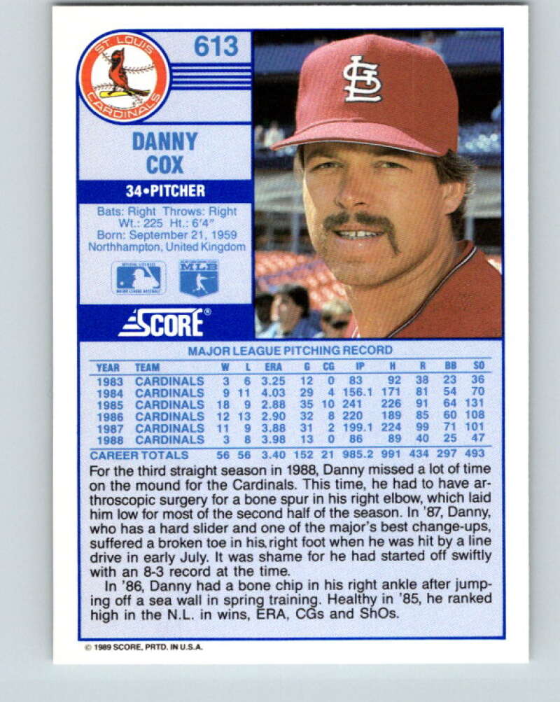 1989 Score #613 Danny Cox Mint St. Louis Cardinals