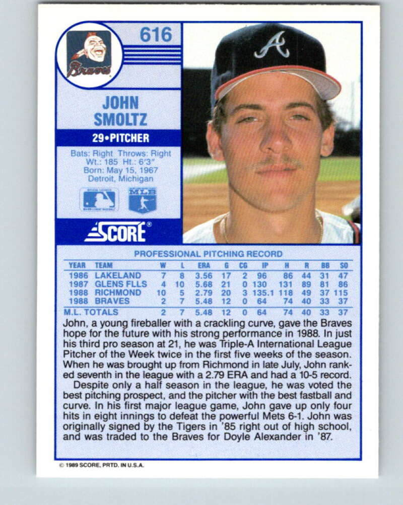 1989 Score #616 John Smoltz Mint Atlanta Braves