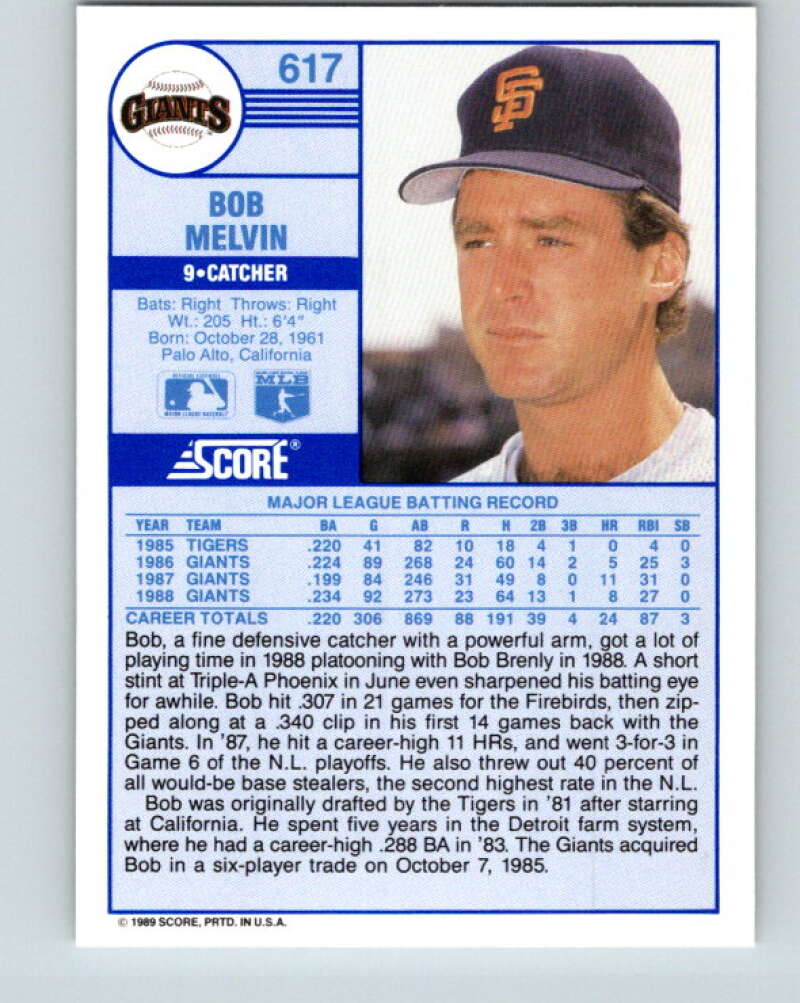 1989 Score #617 Bob Melvin Mint San Francisco Giants