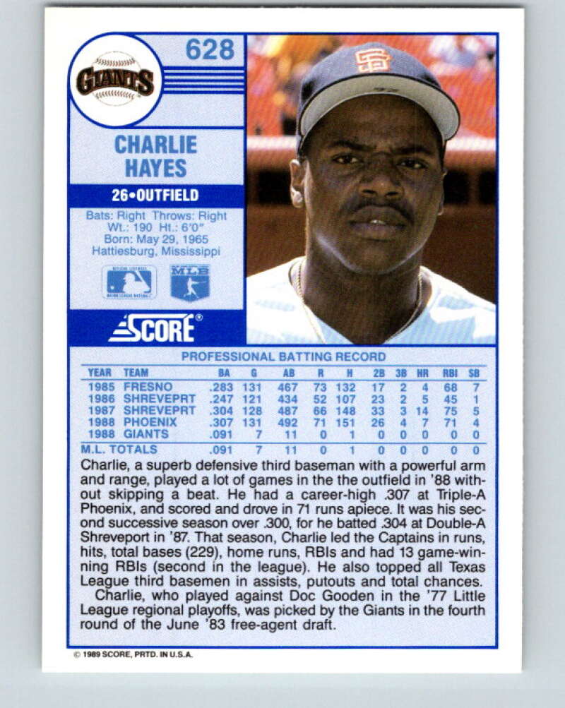 1989 Score #628 Charlie Hayes Mint RC Rookie San Francisco Giants
