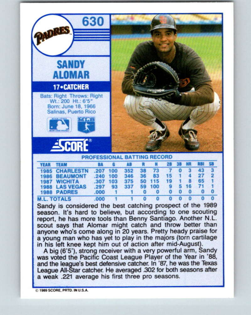 1989 Score #630 Sandy Alomar Jr. Mint San Diego Padres