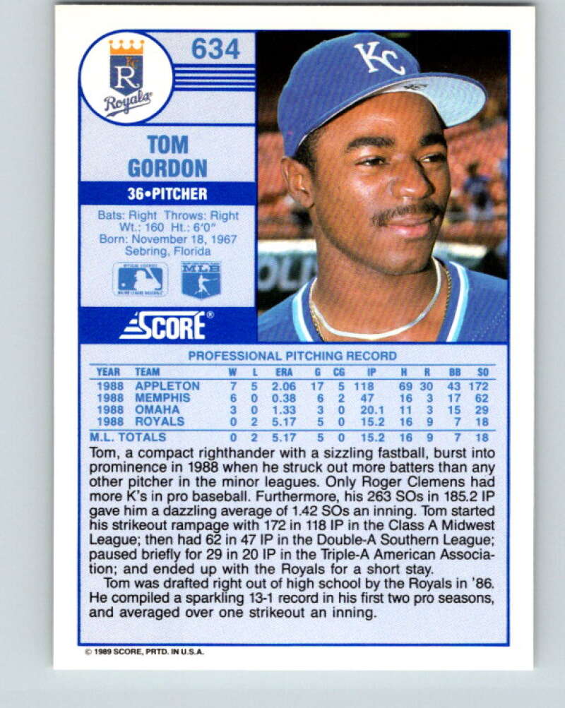 1989 Score #634 Tom Gordon Mint RC Rookie Kansas City Royals