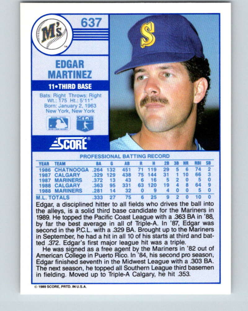 1989 Score #637 Edgar Martinez Mint Seattle Mariners