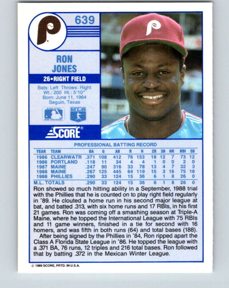1989 Score #639 Ron Jones Mint RC Rookie Philadelphia Phillies