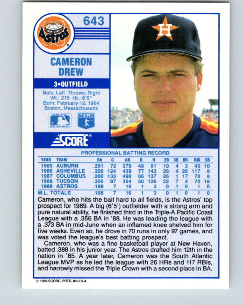 1989 Score #643 Cameron Drew Mint RC Rookie Houston Astros