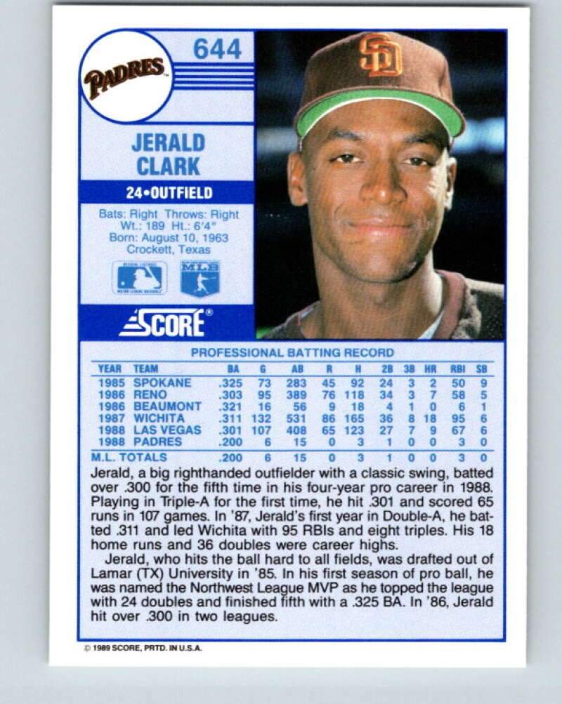 1989 Score #644 Jerald Clark Mint RC Rookie San Diego Padres