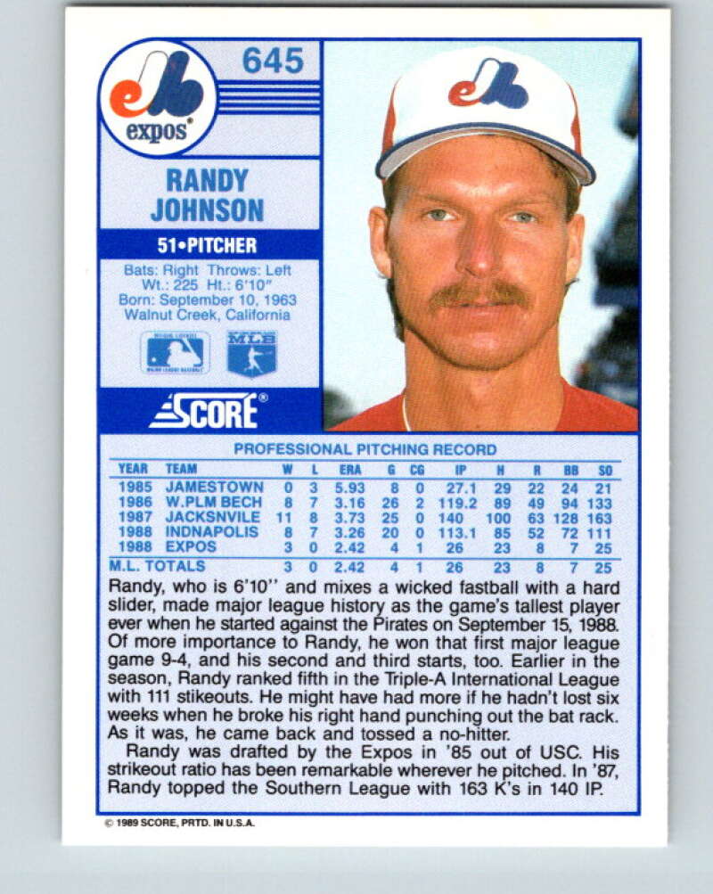 1989 Score #645 Randy Johnson Mint RC Rookie Montreal Expos