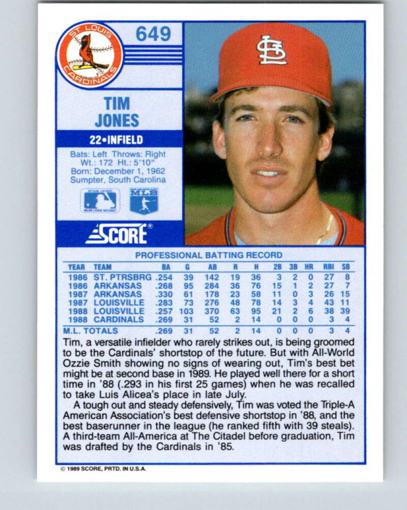1989 Score #649 Tim Jones Mint RC Rookie St. Louis Cardinals