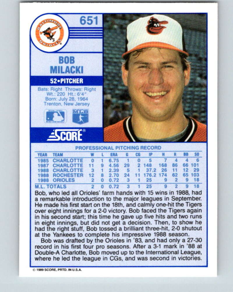 1989 Score #651 Bob Milacki Mint RC Rookie Baltimore Orioles