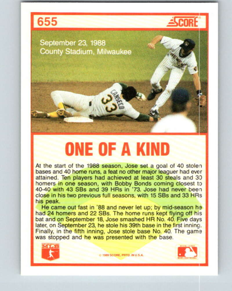 1989 Score #655 Jose Canseco HL Mint Oakland Athletics
