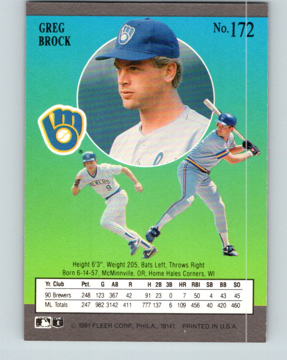 1991 Ultra #172 Greg Brock Mint Milwaukee Brewers