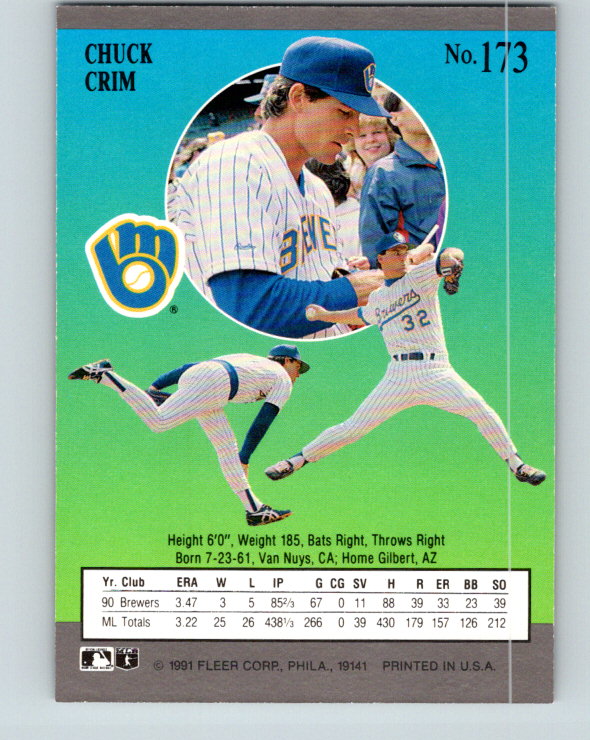 1991 Ultra #173 Chuck Crim Mint Milwaukee Brewers