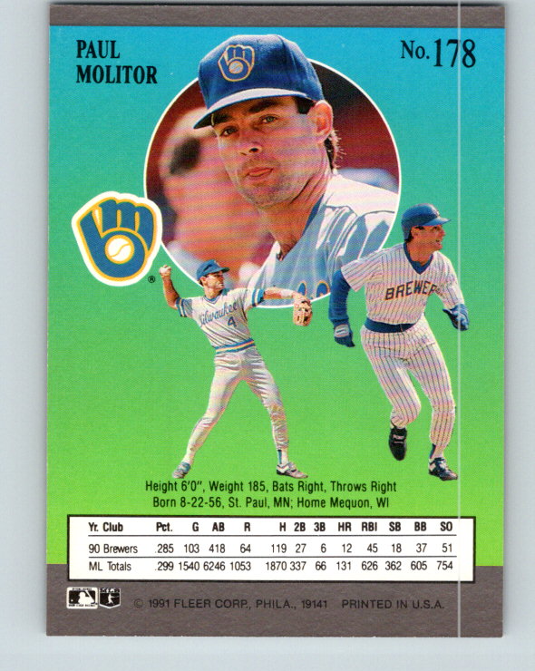 1991 Ultra #178 Paul Molitor Mint Milwaukee Brewers
