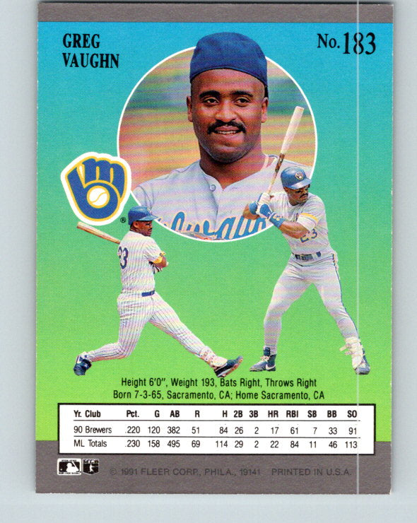 1991 Ultra #183 Greg Vaughn Mint Milwaukee Brewers