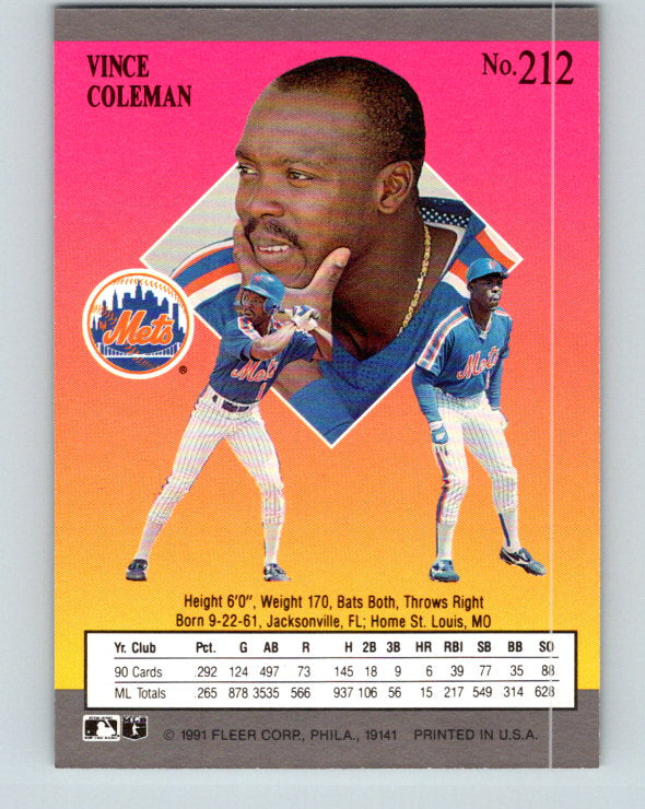 1991 Ultra #212 Vince Coleman Mint New York Mets