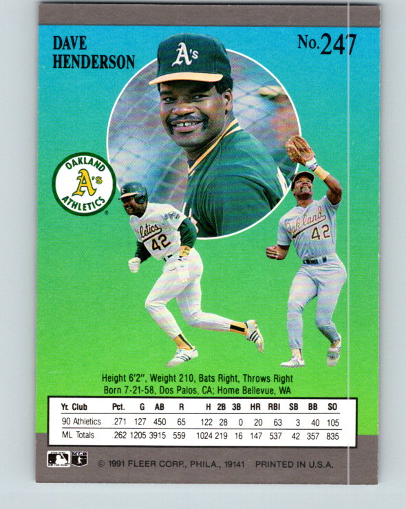 1991 Ultra #247 Dave Henderson Mint Oakland Athletics