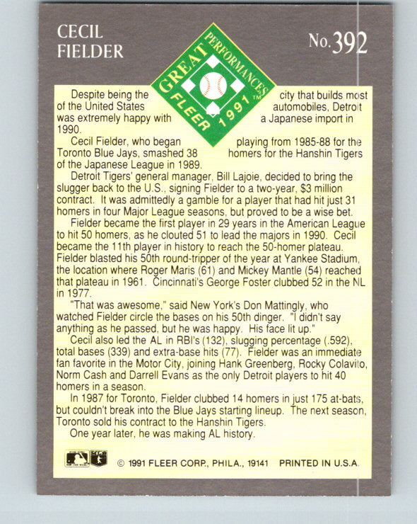1991 Ultra #392 Cecil Fielder EP Mint Detroit Tigers