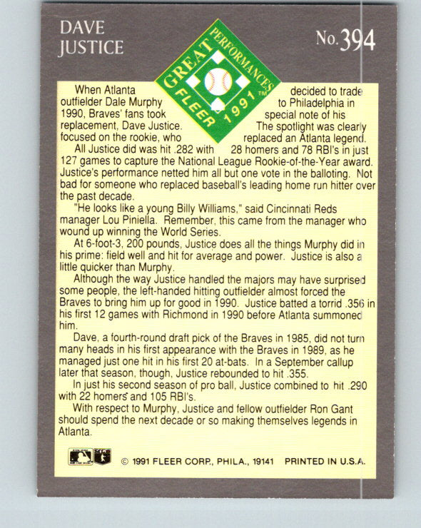 1991 Ultra #394 David Justice EP Mint Atlanta Braves
