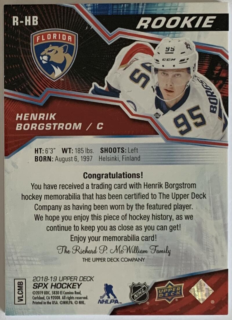 2018-19 SPx Rookies Materials #RHB Henrik Borgstrom Jersey Rookie 08208