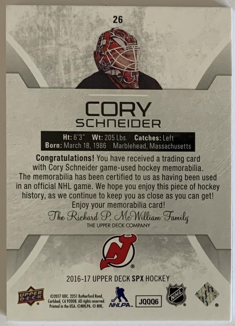 2016-17 Upper Deck SPx Red #26 Cory Schneider Jersey 08209