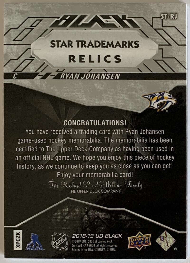 2018-19 UD Black Star Trademarks Relics Ryan Johansen 102/199 Jersey 08211