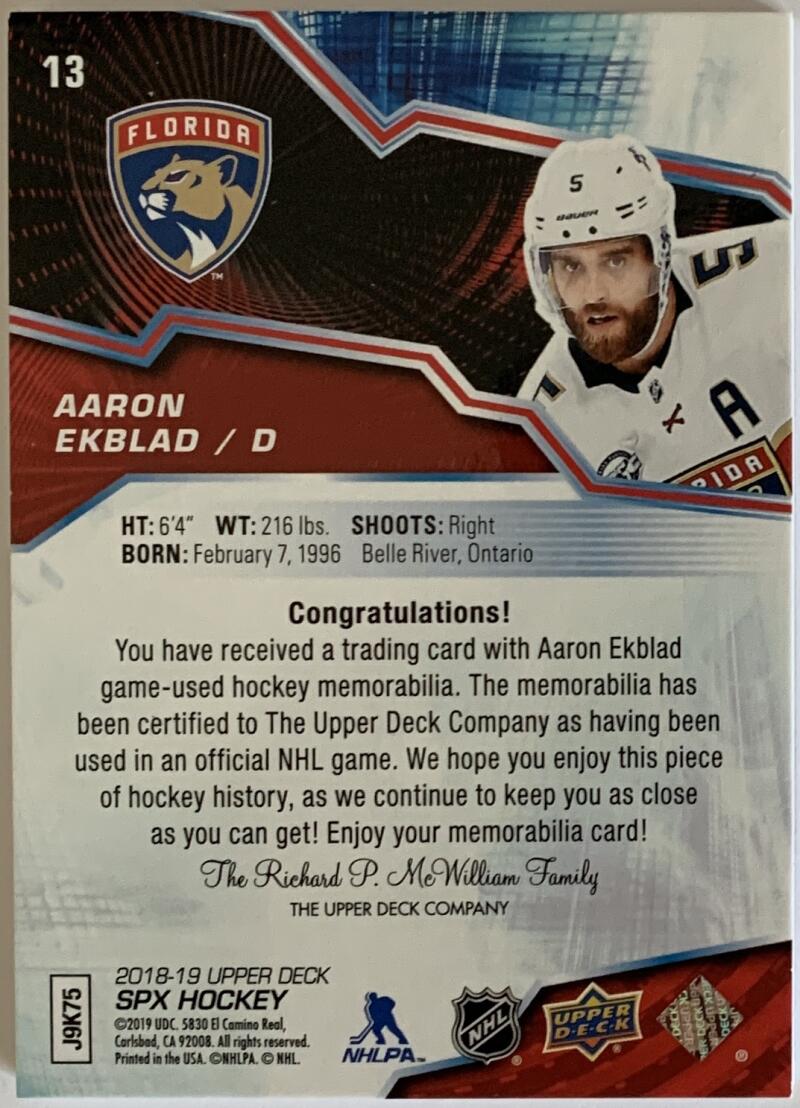 2018-19 Upper Deck SPx Materials #13 Aaron Ekblad Panthers Jersey 08212