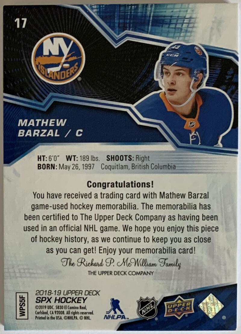 2018-19 Upper Deck SPx Materials #17 Mathew Barzal Jersey 08213