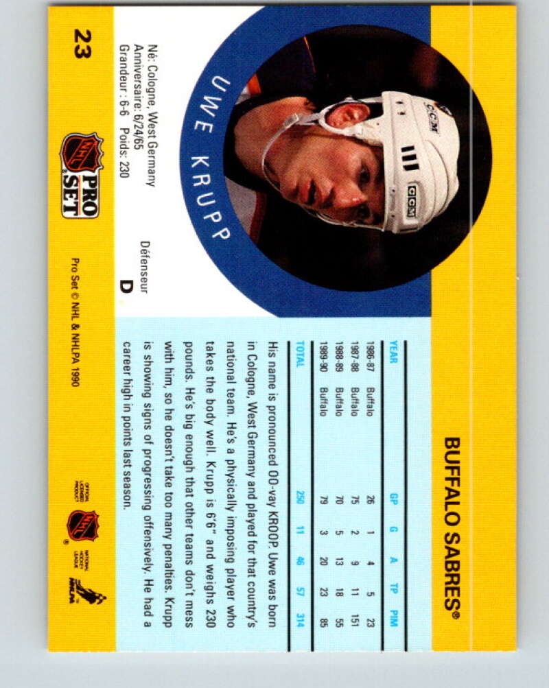 1990-91 Pro Set #23 Uwe Krupp Mint Buffalo Sabres