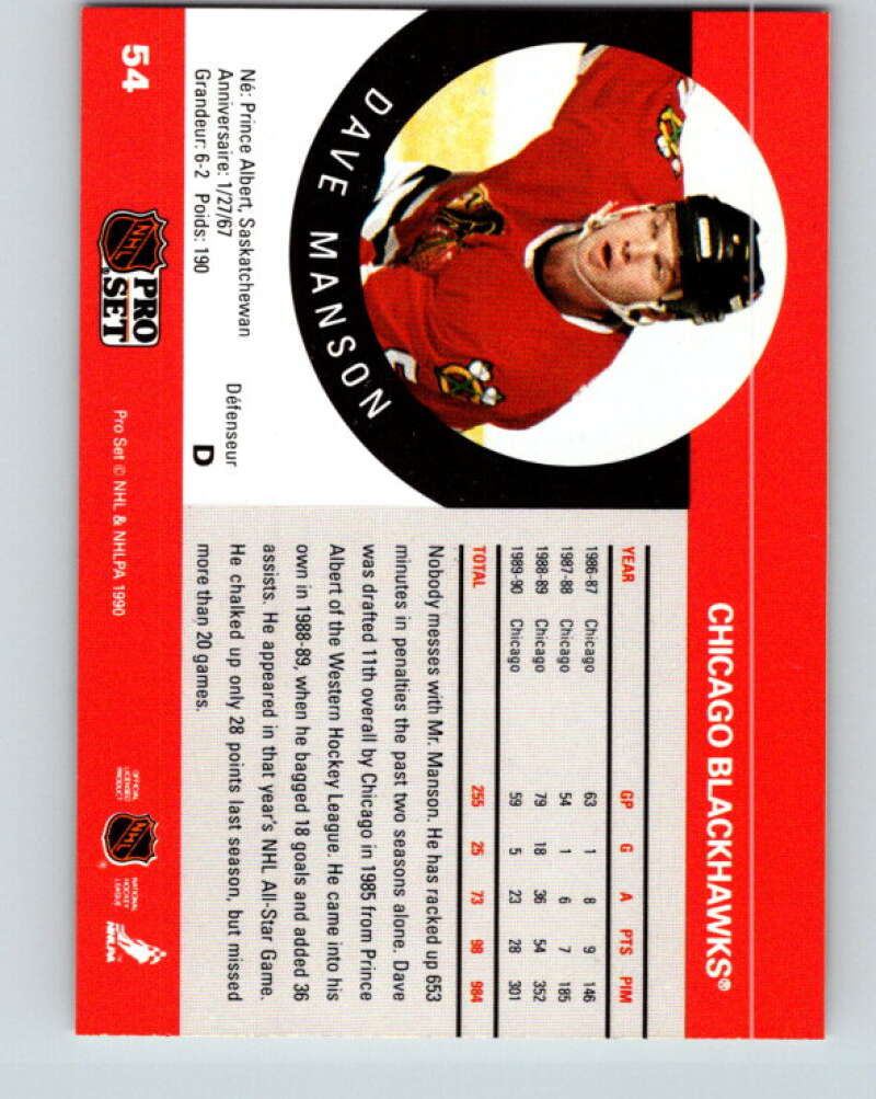 1990-91 Pro Set #54 Dave Manson Mint Chicago Blackhawks