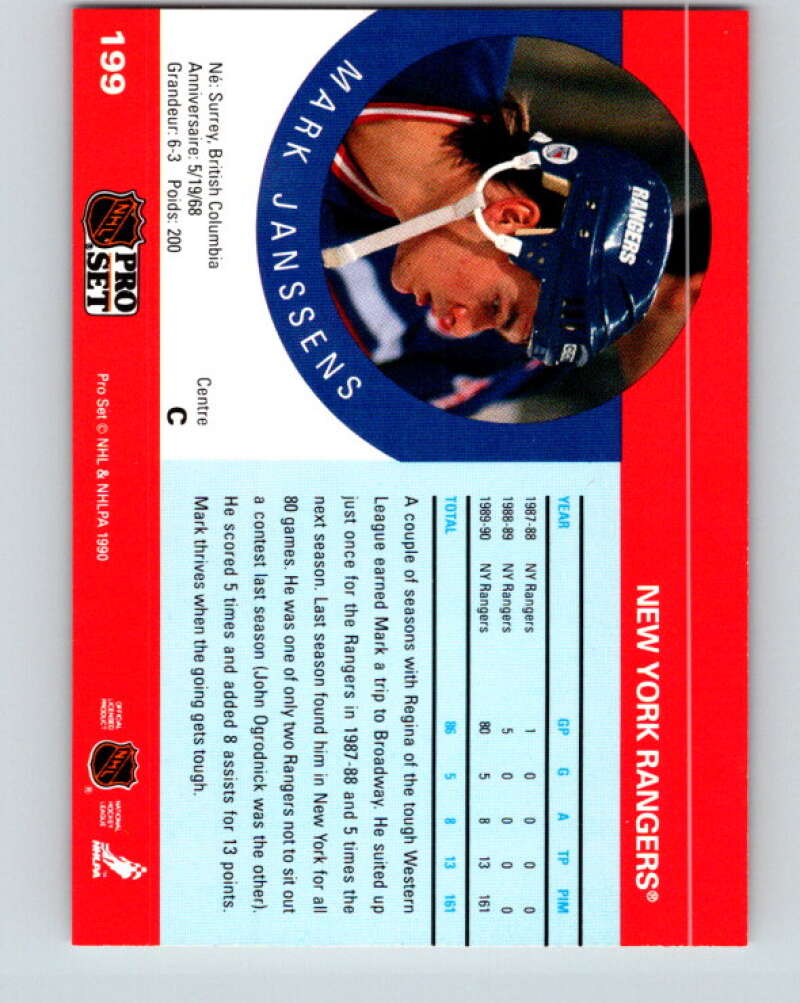 1990-91 Pro Set #199 Mark Janssens Mint New York Rangers