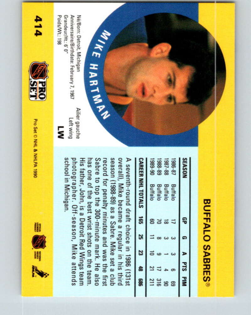 1990-91 Pro Set #414 Mike Hartman Mint Buffalo Sabres