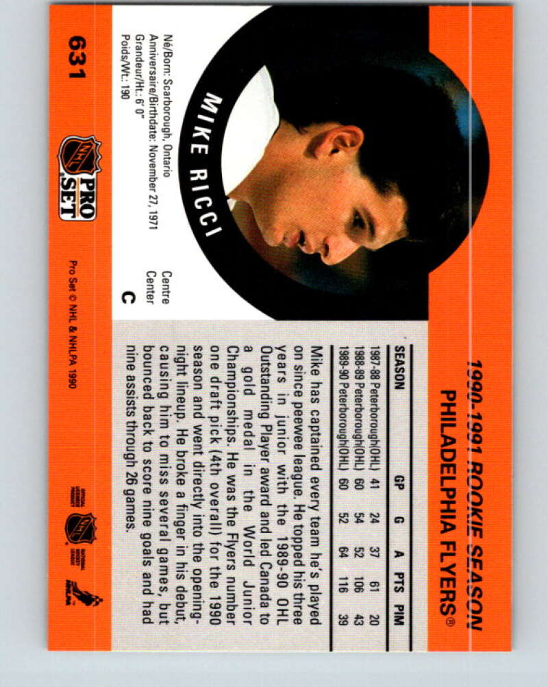 1990-91 Pro Set #631 Mike Ricci Mint RC Rookie Philadelphia Flyers