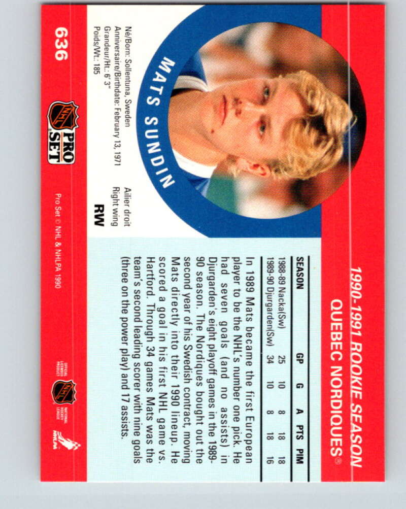 1990-91 Pro Set #636 Mats Sundin Mint RC Rookie Quebec Nordiques