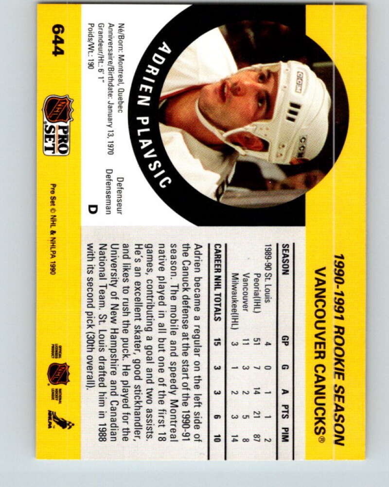 1990-91 Pro Set #644 Adrien Plavsic Mint Vancouver Canucks