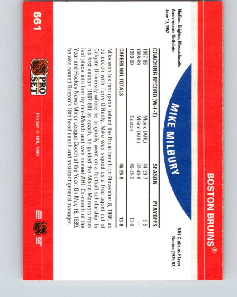 1990-91 Pro Set #661 Mike Milbury CO Mint Boston Bruins