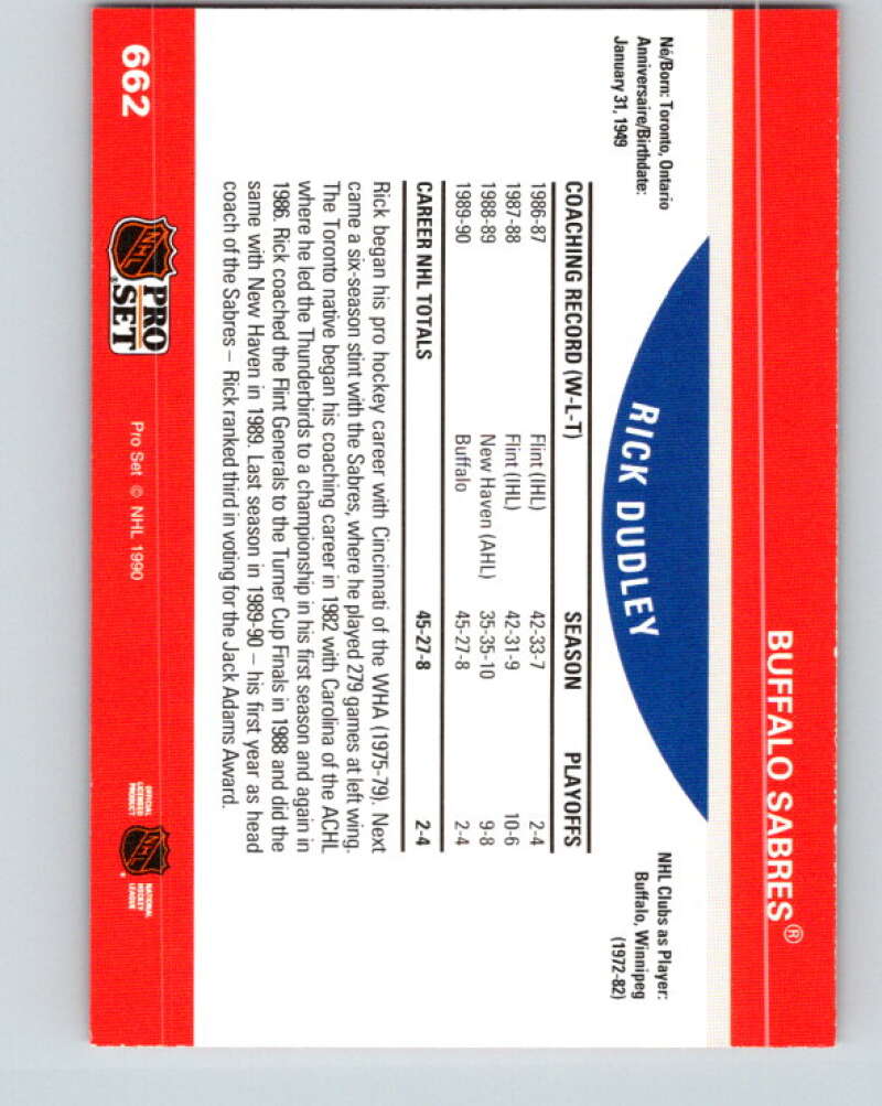 1990-91 Pro Set #662 Rick Dudley CO Mint Buffalo Sabres