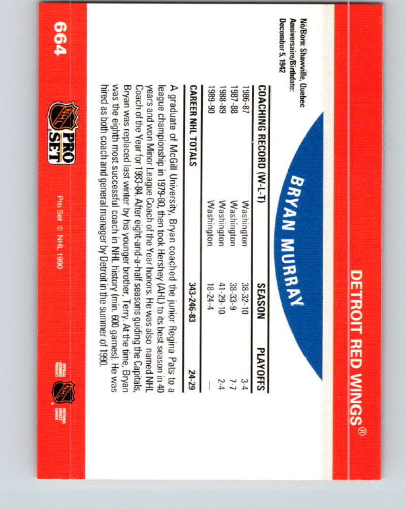 1990-91 Pro Set #664 Bryan Murray CO Mint Detroit Red Wings