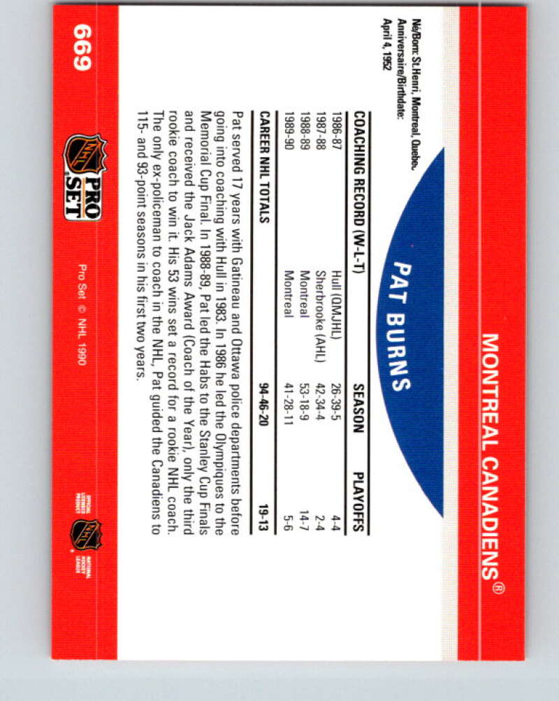 1990-91 Pro Set #669 Pat Burns CO Mint Montreal Canadiens