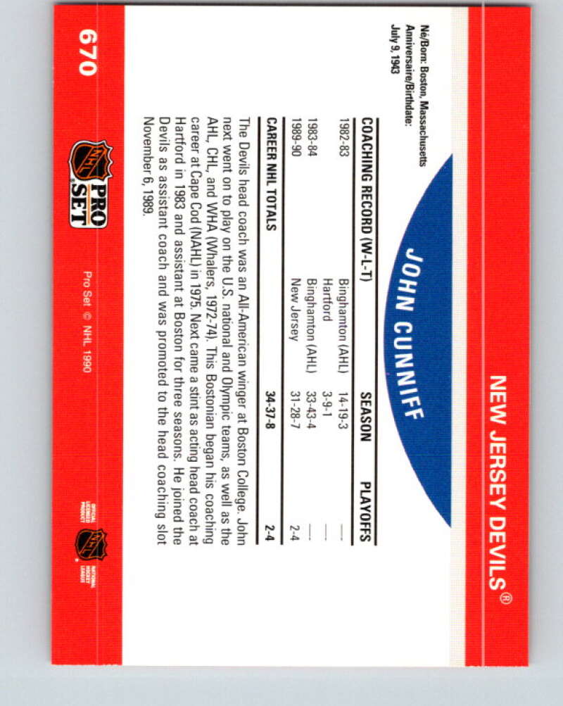 1990-91 Pro Set #670 John Cunniff CO Mint New Jersey Devils